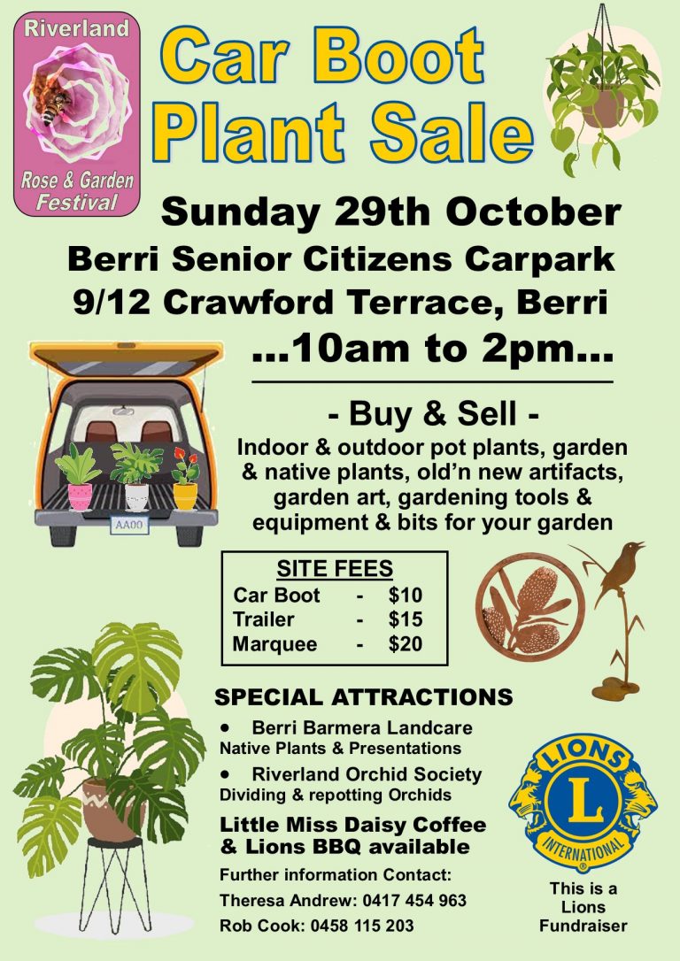 Car boot Plant Sale - 29th October 2023 - 10am to 2pm - Carpark 9/12 Crawford Terrace Berri